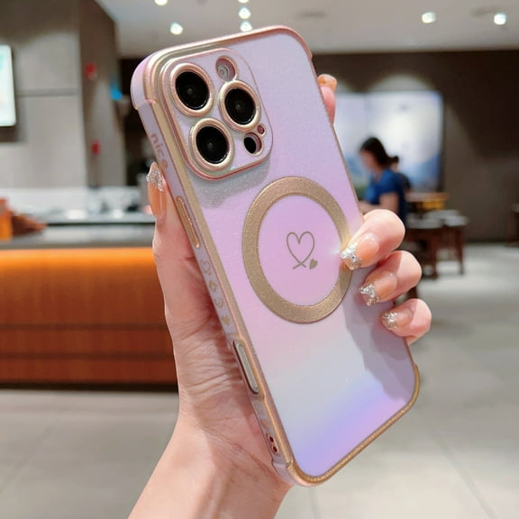 Compatible with iPhone 15 Pro Max Magnetic Glitter Case, Luxury Love Heart Pattern Plating Case, Compatible with MagSafe for Women Girls Shockproof Protective Ultra Slim TPU Cover - Purple