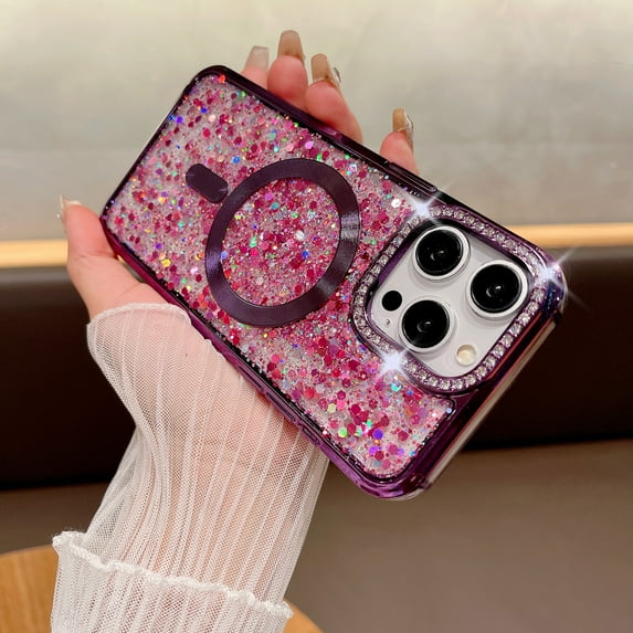 Compatible for iPhone 15 Pro Max Magnetic Glitter Case, Luxury Plating Shining Phone Case with Rhinestone Lens Frame Protection, Compatible with Mag-Safe for Women Girls Shockproof Back Cover, Purple