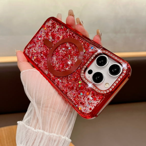 Compatible for iPhone 15 Pro Max Magnetic Glitter Case, Luxury Plating Shining Phone Case with Rhinestone Lens Frame Protection, Compatible with Mag-Safe for Women Girls Shockproof Back Cover, Red