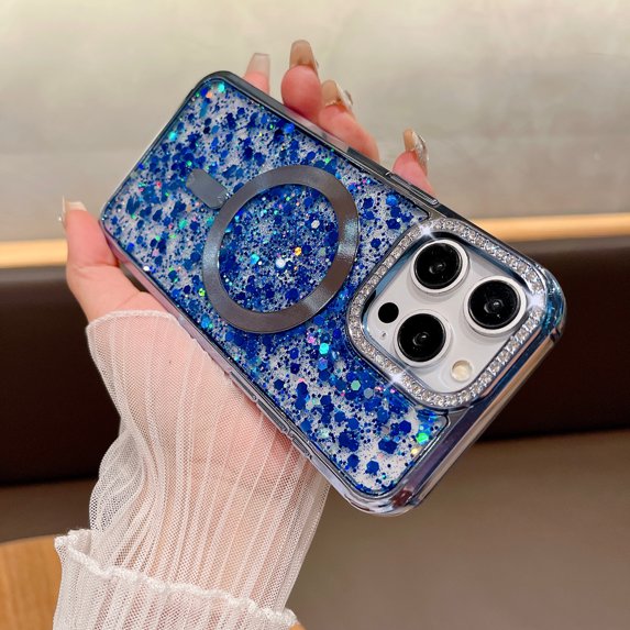 Compatible for iPhone 15 Pro Max Magnetic Glitter Case, Luxury Plating Shining Phone Case with Rhinestone Lens Frame Protection, Compatible with Mag-Safe for Women Girls Shockproof Back Cover, Blue