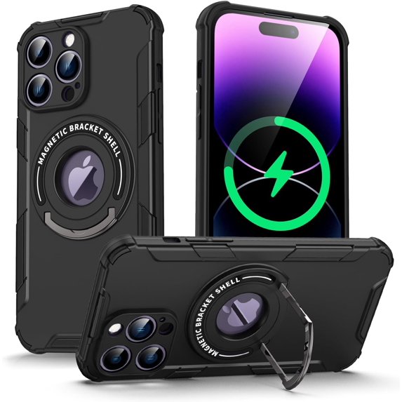 Compatible with iPhone 15 Pro Max Magnetic Stand Case Compatible with MagSafe Ring Kickstand Invisible Bracket Hollow Fashion Protection Shockproof Cover for Women Man Black