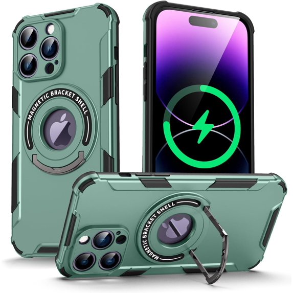 Compatible with iPhone 15 Pro Max Magnetic Stand Case Compatible with MagSafe Ring Kickstand Invisible Bracket Hollow Fashion Protection Shockproof Cover for Women Man Green