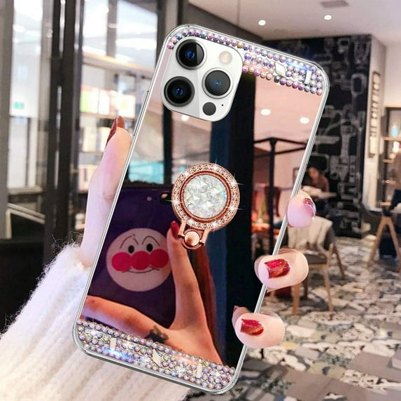 Compatible with iPhone 15 Pro Max Makeup Mirror Case Bling Diamond Glitter Rhinestone with Ring Holder Stand Kickstand Loopy Grip Cute for Girls Women Case Rose Gold