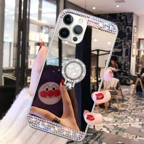 Compatible with iPhone 15 Pro Max Makeup Mirror Case Bling Diamond Glitter Rhinestone with Ring Holder Stand Kickstand Loopy Grip Cute for Girls Women Case Silver