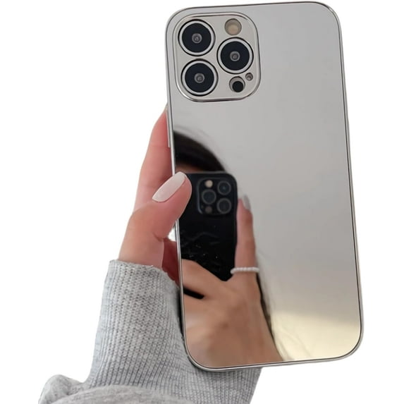 Compatible with iPhone 15 Pro Max Mirror Case for Women Girls Makeup Cute Luxury Glossy Mirror Back Silver Plating Design with Camera Full Protective Shockproof Cover