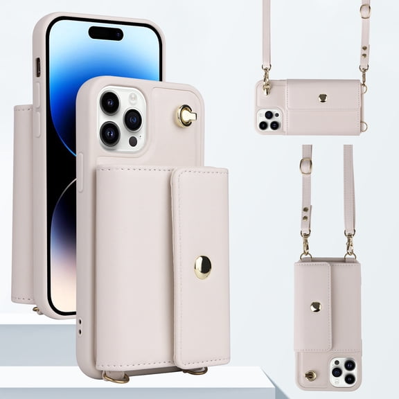 Compatible with iPhone 15 Pro Max, Multifunctional Wallet Case with Credit Card Holder Shoulder Strap PU Leather Pocket Holder Magnetic Snap Flip Phone Cover for iPhone 15 Pro Max, White