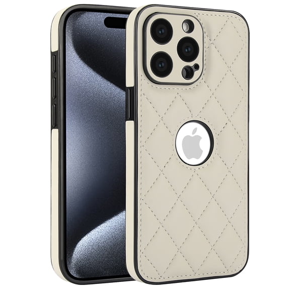 Compatible WIth iPhone 15 Pro Max Phone Case with Logo Window,Trendy Diamond-checkered Pattern PU Leather Soft TPU Ultra Slim Anti-fall Shockproof Protective Back Cover Phone Case,White