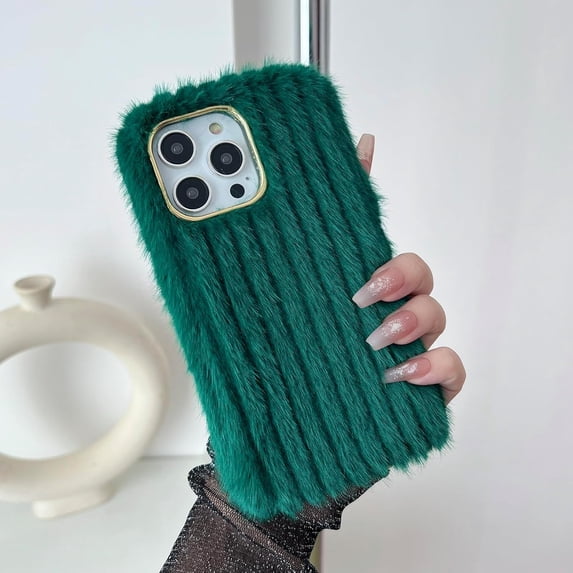Compatible with iPhone 15 Pro Max Plush Case Stripe Pattern Fluffy Fuzzy Furry Warm Plush Phone Case Girly Women Girls Smooth Cozy Winter Soft TPU Warm Hair Fur Shockproof Phone Cover, Green