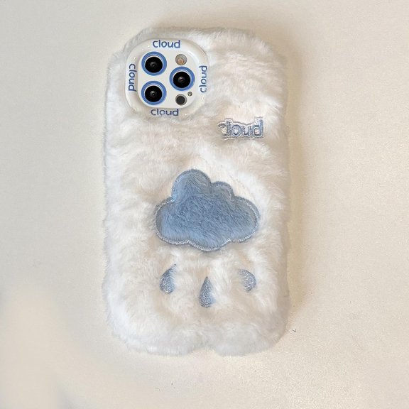 Compatible with iPhone 15 Pro Max Plush Furry Case Cute Cloud Pattern Phone Cover for Women Girls Girly Winter Soft TPU Warm Fuzzy Shockproof Protective Phone Cover, White