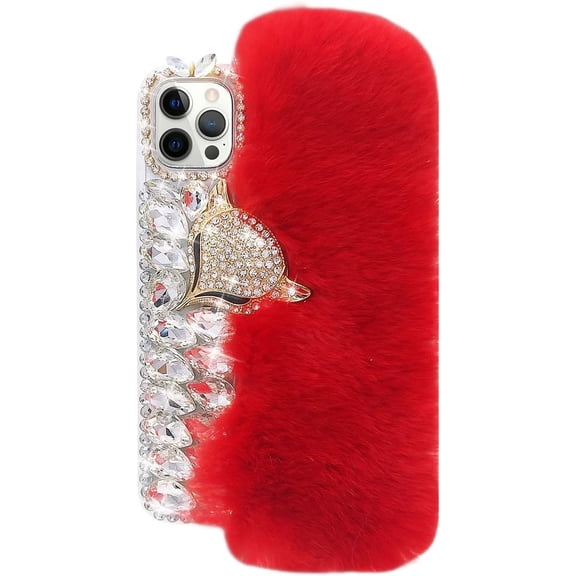 Compatible with iPhone 15 Pro Max Plush Furry Case with Luxury Bling Diamond Rhinestones Cute 3D Fox Head Women Girls Winter Warm Shockproof Protective Cover, Red
