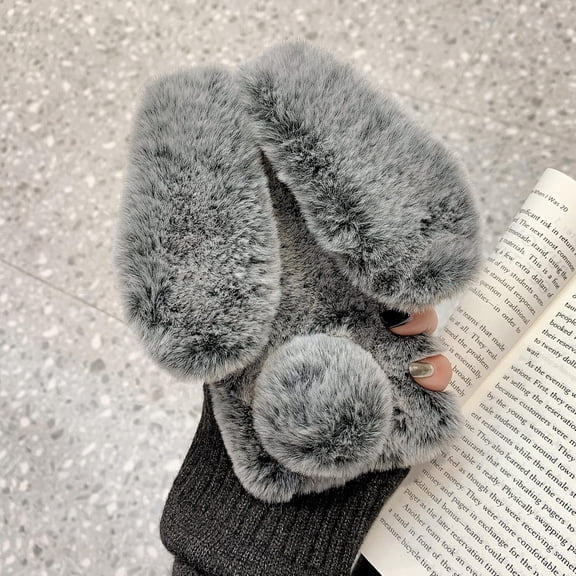 Compatible with iPhone 15 Pro Max Rabbit Case, Soft Fluffy Furry Cute Bunny Plush Rabbit Cover Warm Big Ear Bling Crystal Rhinestone Bowknot Ultra Thin Case for iPhone 15 Pro Max Women Girls