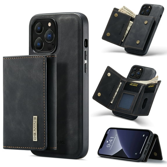 Compatible with iPhone 15 Pro Max Removable 2 in 1 Wallet Case,Retro Premium PU Leather Cell Phone Back Cover Magnetic Detachable with Trifold Wallet Credit Card Cash Holder Kickstand Case,Black