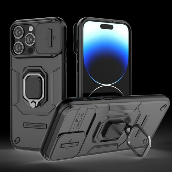 Compatible with iPhone 15 Pro Max Stand Case with Slide Camera Cover Military Grade Heavy Duty Rugged Full Body Shockproof Protection Built-in Ring Kickstand Hard Back Case, Black