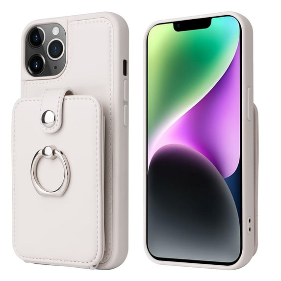 Compatible with iPhone 15 Pro Max Wallet Back Case, PU Leather Phone Case with Card Holder 360° Rotatable Ring Kickstand Protective Designed Magnetic Button for iPhone 15 Pro Max, White