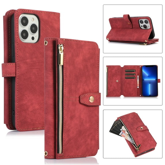 Compatible with iPhone 15 Pro Max Wallet Case, 2 in 1 Magnetic Wallet Case with Card Holder, Zipper, PU Leather Flip Cover Case with Detachable Long Shoulder Strap,Card Slots for Men Women, Red