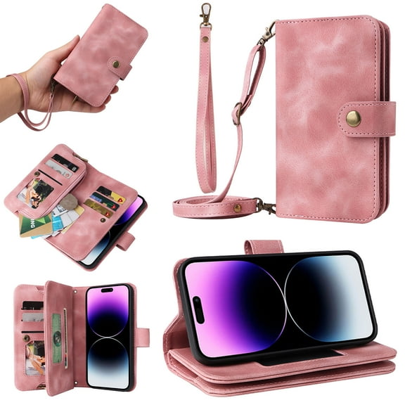 Compatible with iPhone 15 Pro Max Wallet Case, [6 Card Slots] Removable Adjustable Crossbody Necklace Lanyard Shoulder Strap Zipper PU Leather Case for iPhone 15 Pro Max, Pink