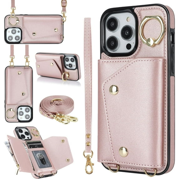 Compatible with iPhone 15 Pro Max Wallet Case with Card Holder Crossbody Neck Strap Lanyard Wrist Strap Purse for Women PU Leather Flip Case with Credit Card Kickstand Stand Case Rose Gold