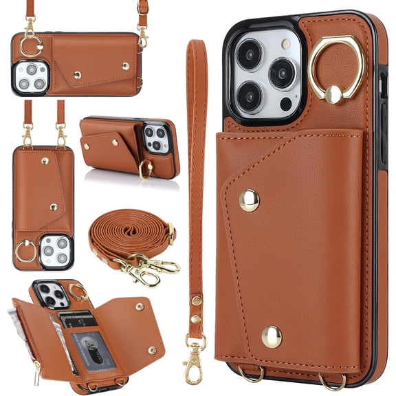 Compatible with iPhone 15 Pro Max Wallet Case with Card Holder Crossbody Neck Strap Lanyard Wrist Strap Purse for Women PU Leather Flip Case with Credit Card Kickstand Stand Case Brown