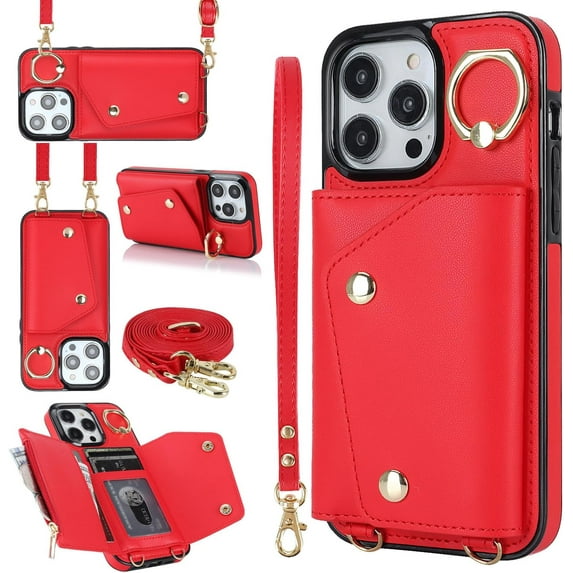 Compatible with iPhone 15 Pro Max Wallet Case with Card Holder Crossbody Neck Strap Lanyard Wrist Strap Purse for Women PU Leather Flip Case with Credit Card Kickstand Stand Case Red