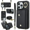 thumbnail image 1 of Compatible with iPhone 15 Pro Max Wallet Case with Card Holder Crossbody Neck Strap Lanyard Wrist Strap Purse for Women PU Leather Flip Case with Credit Card Kickstand Stand Case Black, 1 of 17
