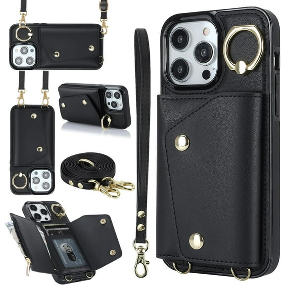Compatible with iPhone 15 Pro Max Wallet Case with Card Holder Crossbody Neck Strap Lanyard Wrist Strap Purse for Women PU Leather Flip Case with Credit Card Kickstand Stand Case Black