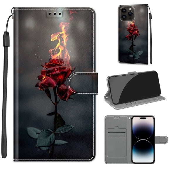 Compatible with iPhone 15 Pro Max Wallet Case with Card Holder, Flip Pattern Painted PU Leather Kickstand Wrist Strap Shockproof Phone Case for iPhone 15 Pro Max, Fire Rose
