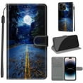 thumbnail image 1 of Compatible with iPhone 15 Pro Max Wallet Case with Card Holder, Flip Pattern Painted PU Leather Kickstand Wrist Strap Shockproof Phone Case for iPhone 15 Pro Max, Night Road + Moon, 1 of 12