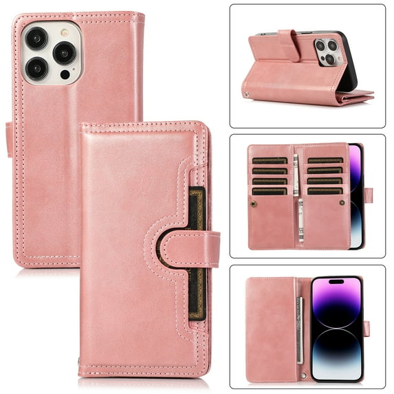 Compatible with iPhone 15 Pro Max Wallet Case with Credit Card Holder, Flip Folio Book PU Leather Vintage Phone Case Shockproof Multifunctional Cover Women Men for iPhone 15 Pro Max, Rosegold