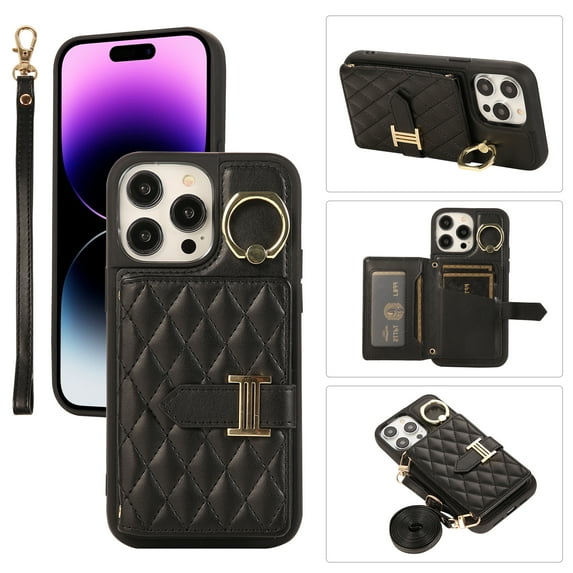 Compatible with iPhone 15 Pro Max Wallet Case, Crossbody PU Leather Detachable Adjustable Strap Wristlet with Card Holder Magnetic Clasp Kickstand Finger Ring Case for iPhone 15 Pro Max, Black