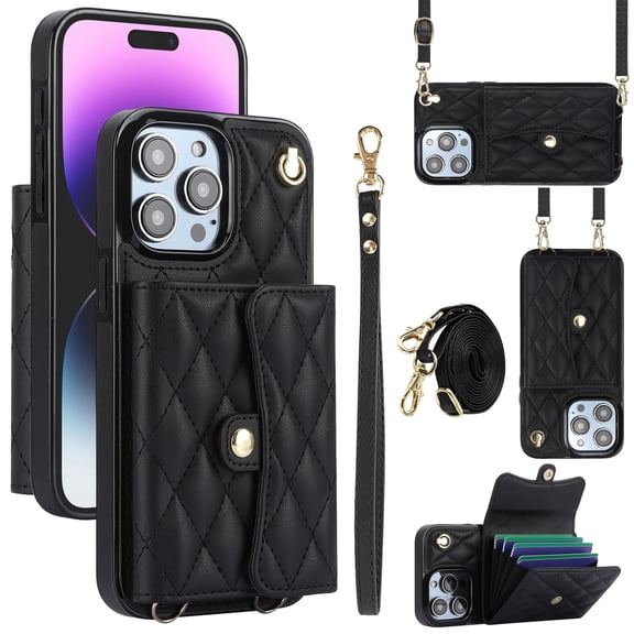 Compatible with iPhone 15 Pro Max Wallet Case with Crossbody Strap and Wrist Strap, RFID Blocking Stand PU Leather Credit Card Holder Cell Accessories Phone Cover Magnetic Buckle - Black