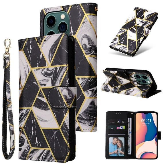Compatible with iPhone 15 Pro Max Wallet Case, Marble Pattern PU Leather Flip Cover with Card Holder Kickstand, Shockproof Protective Phone Case for iPhone 15 Pro Max, Black