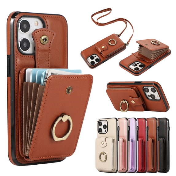 Compatible with iPhone 15 Pro Max Wallet Case, PU Leather Case with Card Holder, 360° Rotation Ring Kickstand, Shoulder Strap, Magnetic Snap Protective Case Designed for iPhone 15 Pro Max, Brown