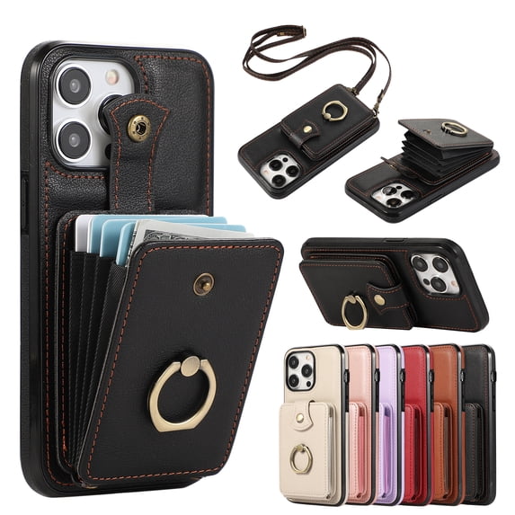 Compatible with iPhone 15 Pro Max Wallet Case, PU Leather Case with Card Holder, 360° Rotation Ring Kickstand, Shoulder Strap, Magnetic Snap Protective Case Designed for iPhone 15 Pro Max, Black