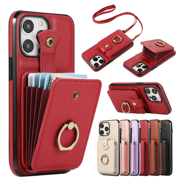 Compatible with iPhone 15 Pro Max Wallet Case, PU Leather Case with Card Holder, 360° Rotation Ring Kickstand, Shoulder Strap, Magnetic Snap Protective Case Designed for iPhone 15 Pro Max, Red