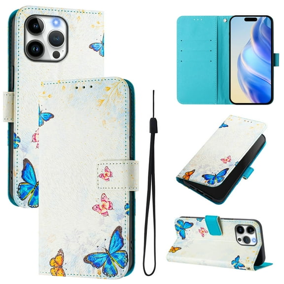 Compatible for iPhone 15 Pro Max Wallet Case, Painting Pattern Premium PU Leather [Credit Card Holder] [Wrist Strap] Flip Stand Feature Purse Case Full Protective Pattern Phone Cover, Blue Butterfly