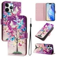 thumbnail image 1 of Compatible for iPhone 15 Pro Max Wallet Case, Painting Pattern Premium PU Leather [Credit Card Holder] [Wrist Strap] Flip Stand Feature Purse Case Full Protective Pattern Phone Cover, Butterfly Tree, 1 of 17