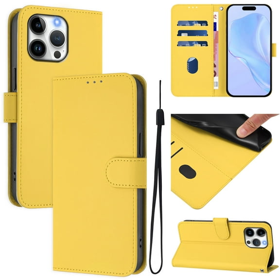 Compatible with iPhone 15 Pro Max Wallet Case with RFID Blocking Credit Card Holder, PU Leather Folio Flip Kickstand Protective Shockproof Anti-fall Phone Case Cover Women Men,Lemon