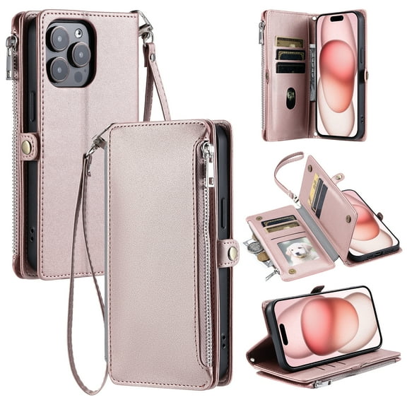 Compatible with iPhone 15 Pro Max Wallet Case [RFID Blocking] Crossbody Strap Case PU Leather Zipper Pocket with Wrist Lanyard Magnetic Flip Kickstand Credit Card Holder Phone Case,Rosegold