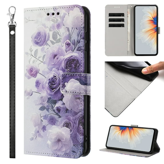 Compatible with iPhone 15 Pro Max Wallet Case for Women Girls, Garden Flower Pattern Design PU Leather Flip Cover with Card Holder Kickstand Wrist Strap Protective Phone Case, Purple Flower