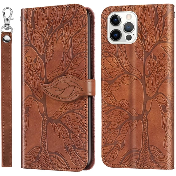 Compatible with iPhone 15 Pro Max Wallet Case Women Leather Flip with Wrist Strap Kickstand Magnetic with Card Holder Adjustable Stand Protective Case for iPhone 15 Pro Max Life Tree Brown