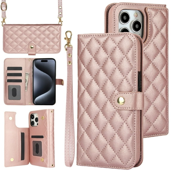 Compatible with iPhone 15 Pro Max Wallet Case Wrist Strap + Crossbody Strap, PU Leather Multifunctional Card Slots Stand Rugged Cell Phone Cover for iPhone 15 Pro Max Women Girls, Rosegold