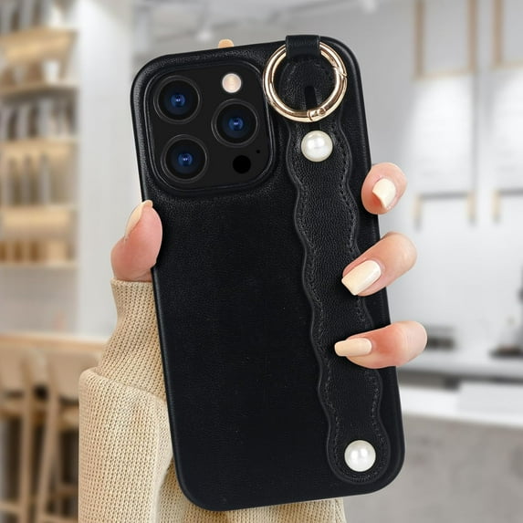 Compatible with iPhone 15 Pro Max Wrist Strap Case with Wristband Kickstand for Women Girls Girly Slim Soft PU Leather DIY Metal Ring Protective Shockproof Phone Cover,Black