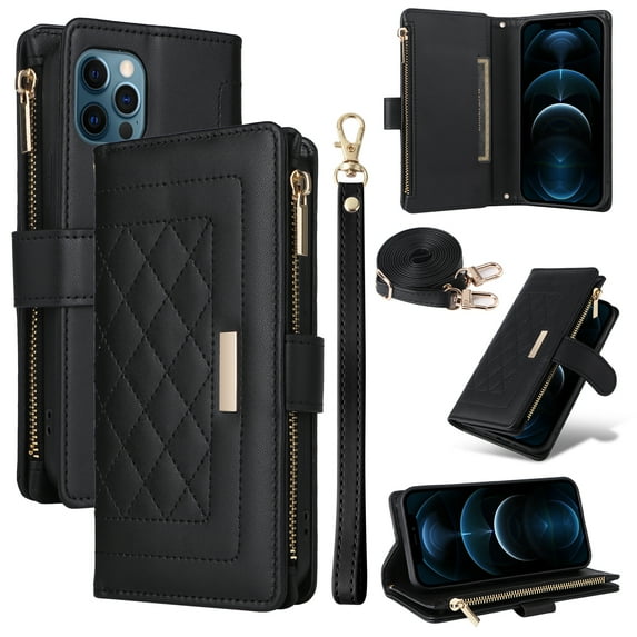 Compatible with iPhone 15 Pro Max case Wallet Crossbody & Wrist Strap with Card Holder Phone case RFID Blocking PU Leather Magnetic Closure Flip Stand Zipper Purse Shockproof Cover,Black