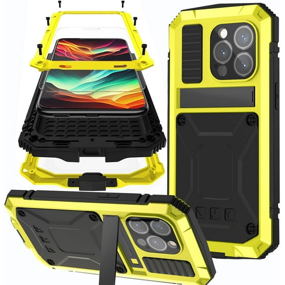 Compatible with iPhone 15 Pro Metal Case with Strap & Screen Protector,6ft Drop Tested Heavy Duty Protective Case for iPhone Pro 15 Case for iPhone 15 Pro Phone Cases for Men Metal-Yellow