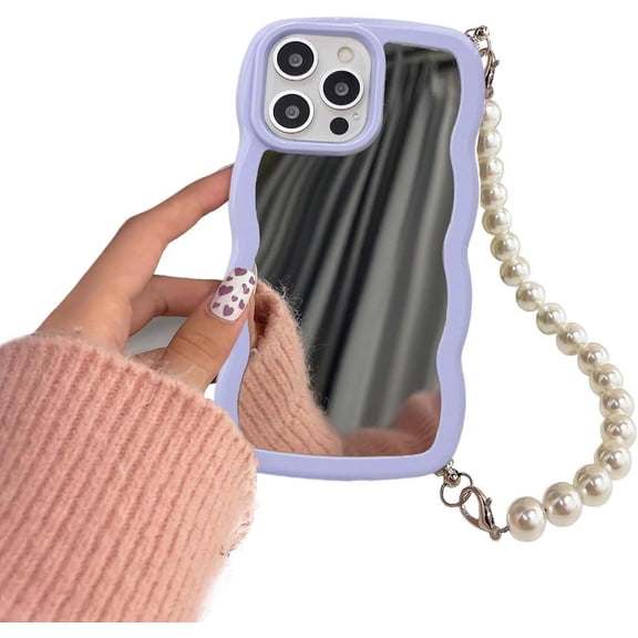 Compatible for iPhone 15 Pro Mirror Case,Cute Curly Wave Frame Soft Shockproof Case for Iphone 15 Pro,Aesthetic Phone Case with Pearl Strap Chain for Women Girls(Purple,iphone 15 pro)