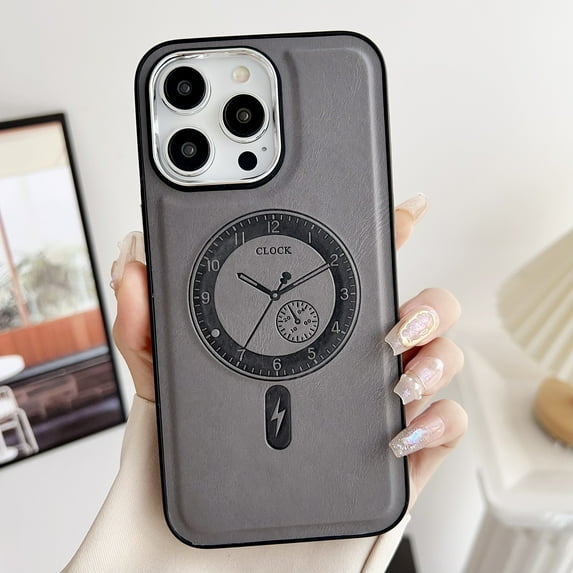 Compatible with iPhone 15 Pro PU Leather Case Magsafe with Clock Pattern, Vintage Silver Buttons & Camera Bezel Bump - Slim Fit & Soft - Premium Cover for iPhone 15 Pro, Gray