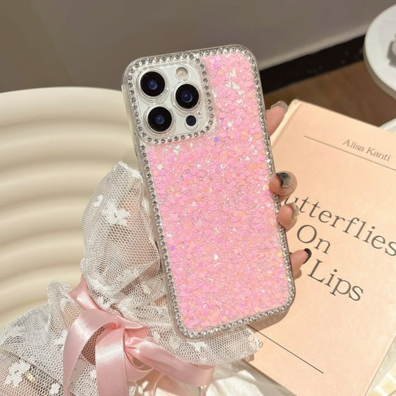 Compatible with iPhone 15 Pro Phone Case,Bling Diamond Frame Design,Cute Bling Sequins Sparkly Shiny Reflective Soft TPU Bumper,Ultra Slim Shockproof Glitter Durable Phone Case,Pink