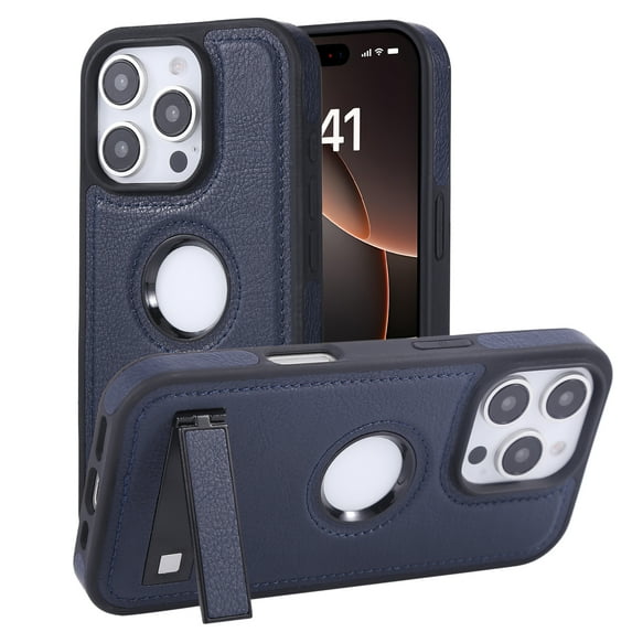 Compatible With iPhone 15 Pro Phone Case,With Retractable Invisible Kickstand,Logo View Designing,PU Leather Shockproof Rugged Anti-fall Heavy Duty Thin Fit Phone Case Cover,Blue