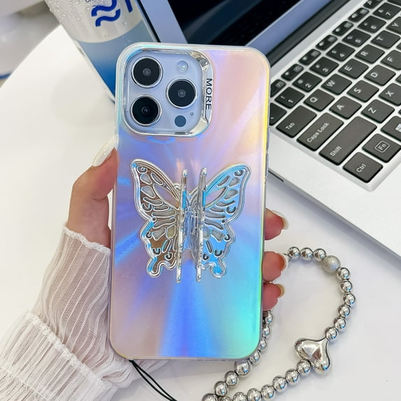 Compatible with iPhone 15 Pro Plating Frosted Case, with Colourful Laser Back and Butterfly Kickstand for Women Girls Cute Protective Phone Case Cover with Hand Chain Bracelet, B
