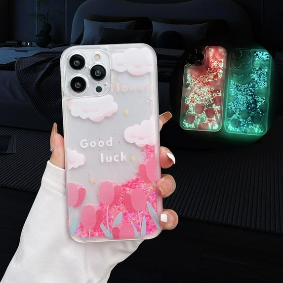 Compatible with iPhone 15 Pro Quicksand Light up Case Glow in The Dark Liquid Fluorescent Floating Waterfall Floral Tulip Case Women Girly Soft TPU Luminous Shockproof Phone Cover, Pink